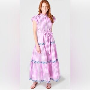 Oliphant Ruffle Collar Pink/White Maxi Midi Striped Button-Up Front SZ XL
